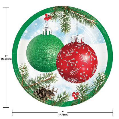 Round paper plate with Christmas ornaments and tree branches, featuring green and red baubles and greenery. Dimensions shown.