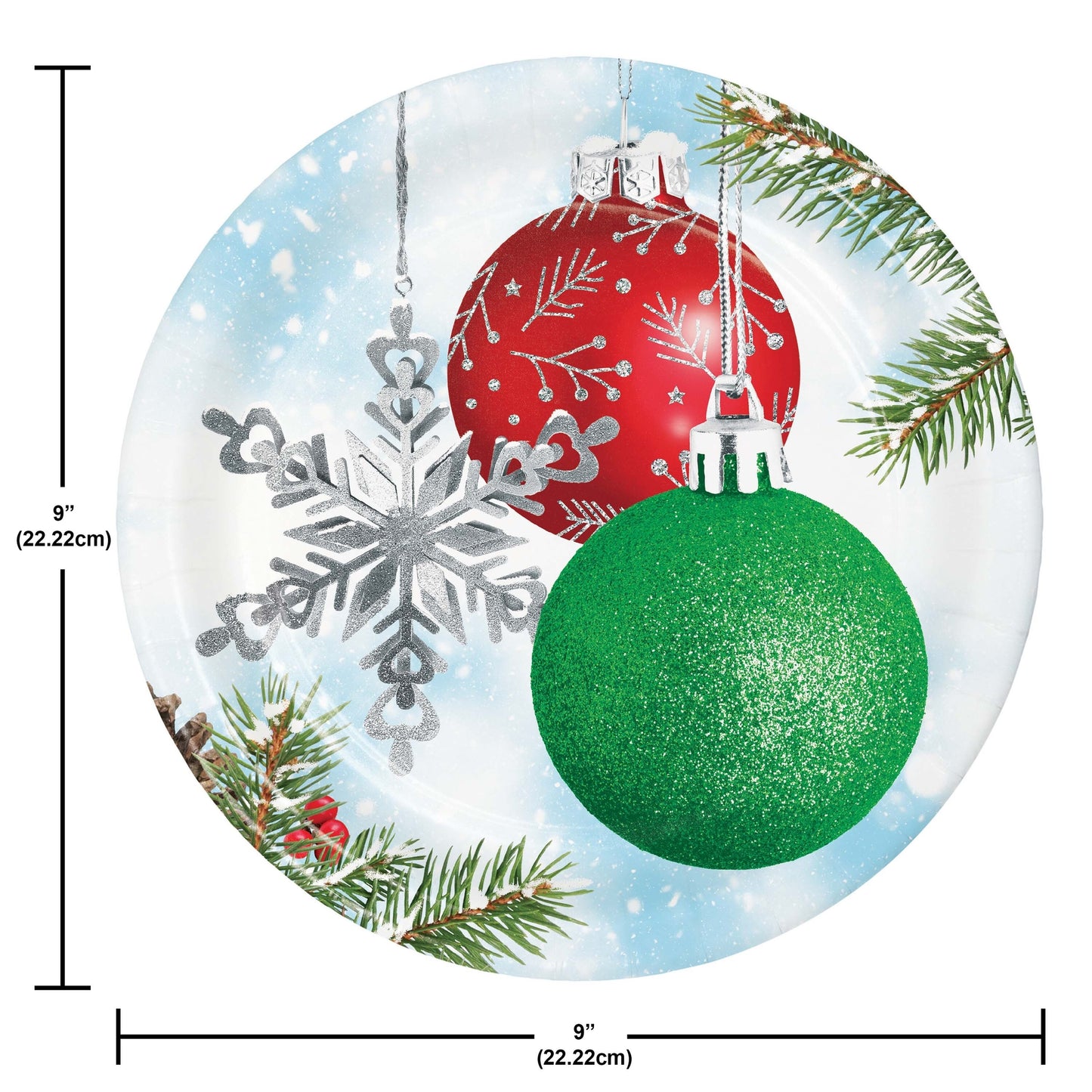 Decorative plate with Christmas ornaments and measurements
