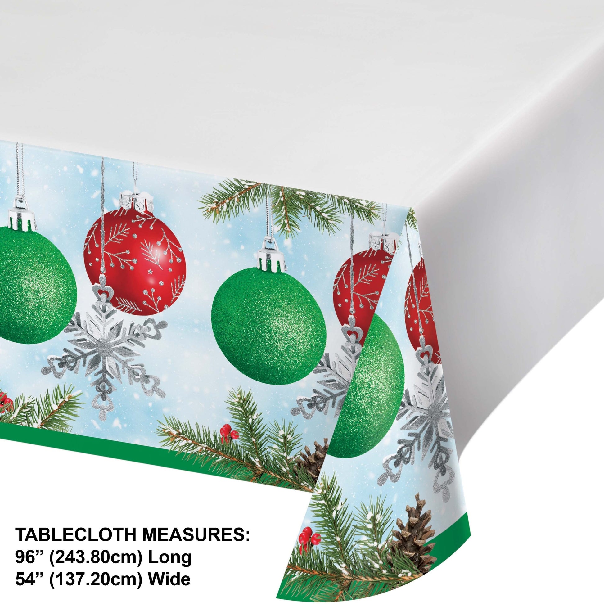 Christmas-themed paper tablecloth with ornaments and trees on a white background. Measurements included.