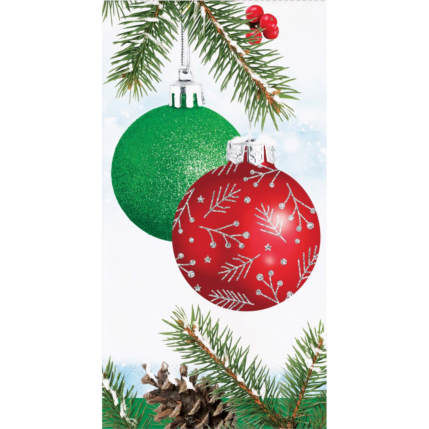 Decorative paper napkin with Christmas ornaments and greenery on a white background
