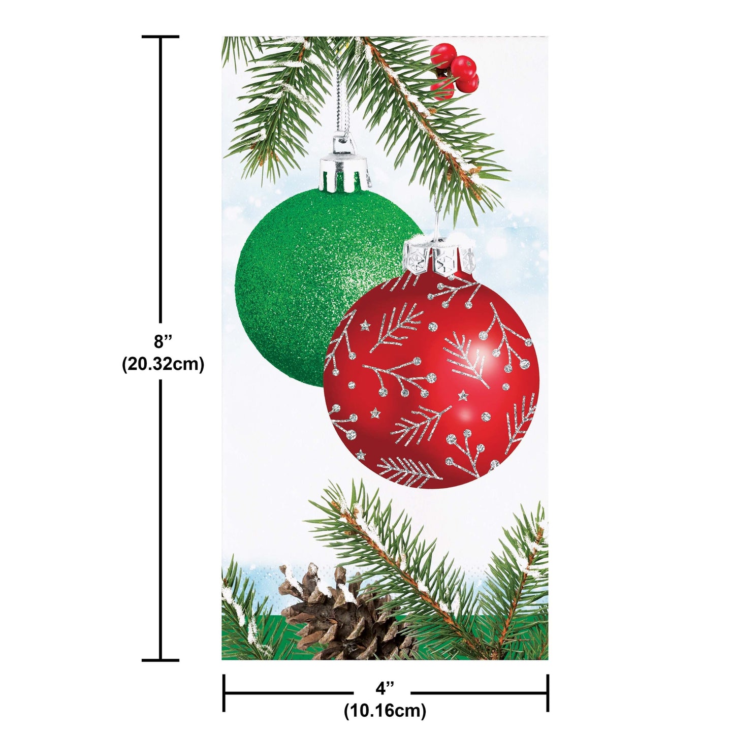 Two Christmas ornaments, one green and one red with white patterns, on a decorative card with pine branches and berries. Measurements included.