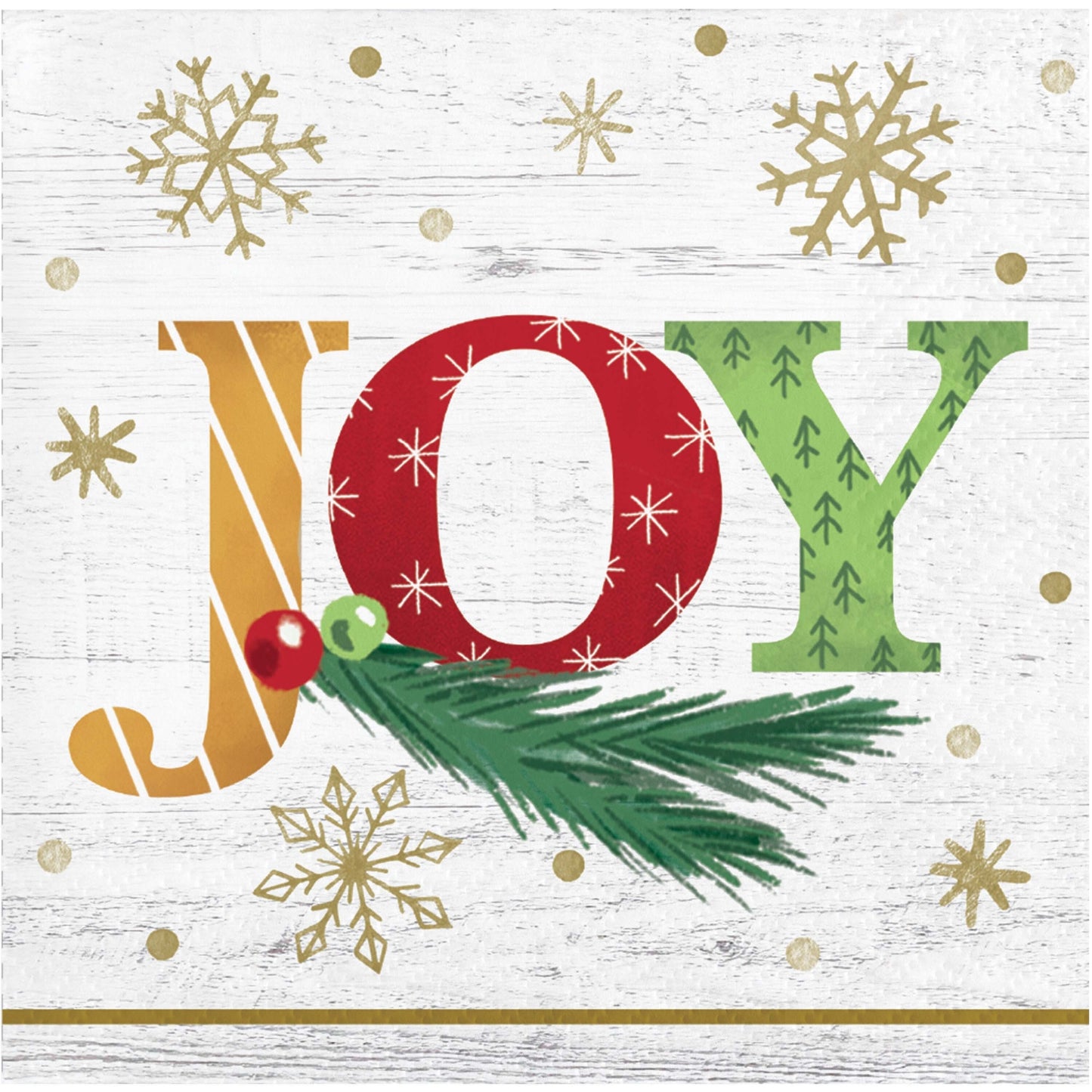 Christmas-themed 'JOY' paper napkin with gold snowflakes and greenery on a white background