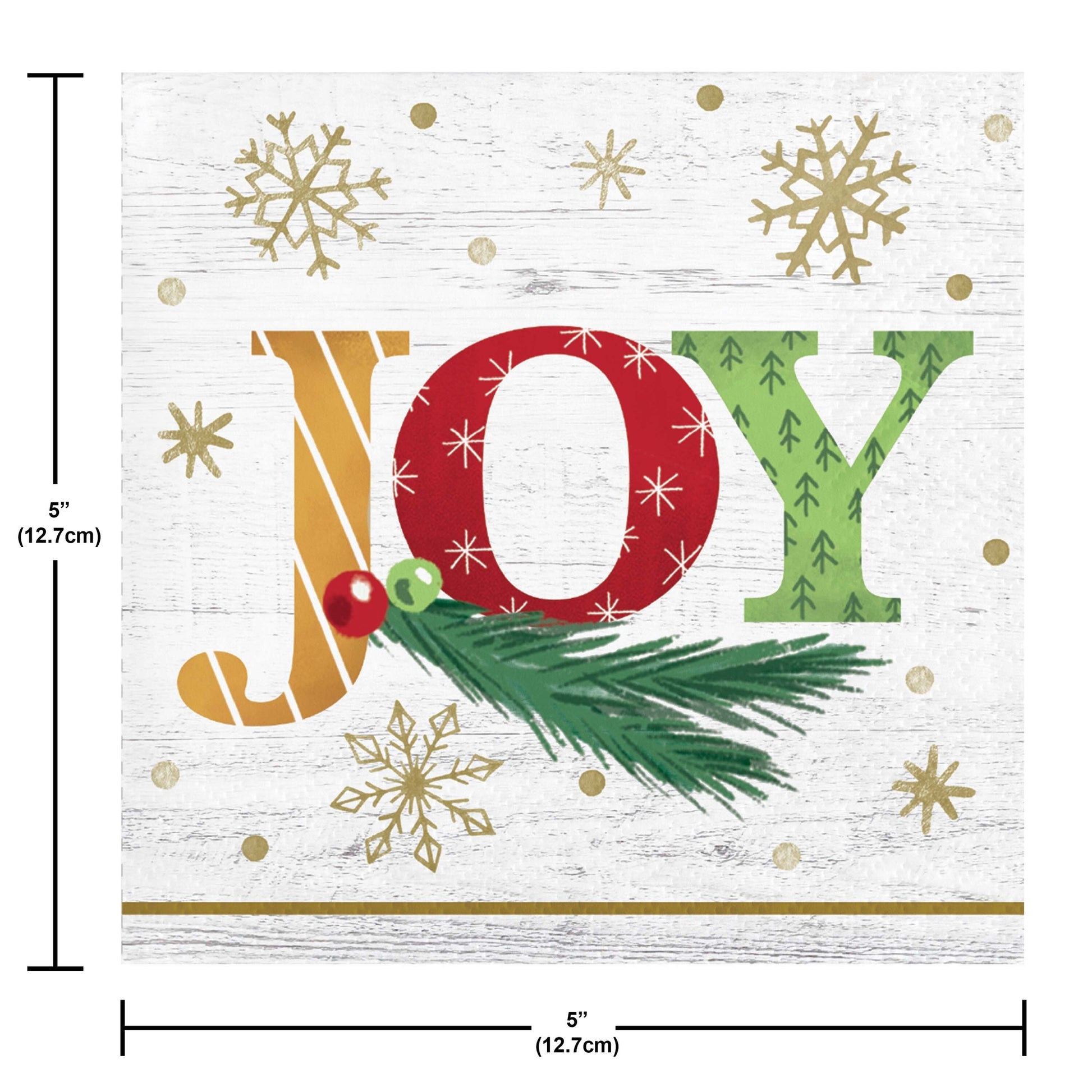 Christmas-themed 'JOY' paper napkin with gold snowflakes and greenery on a white background. Measurements shown.