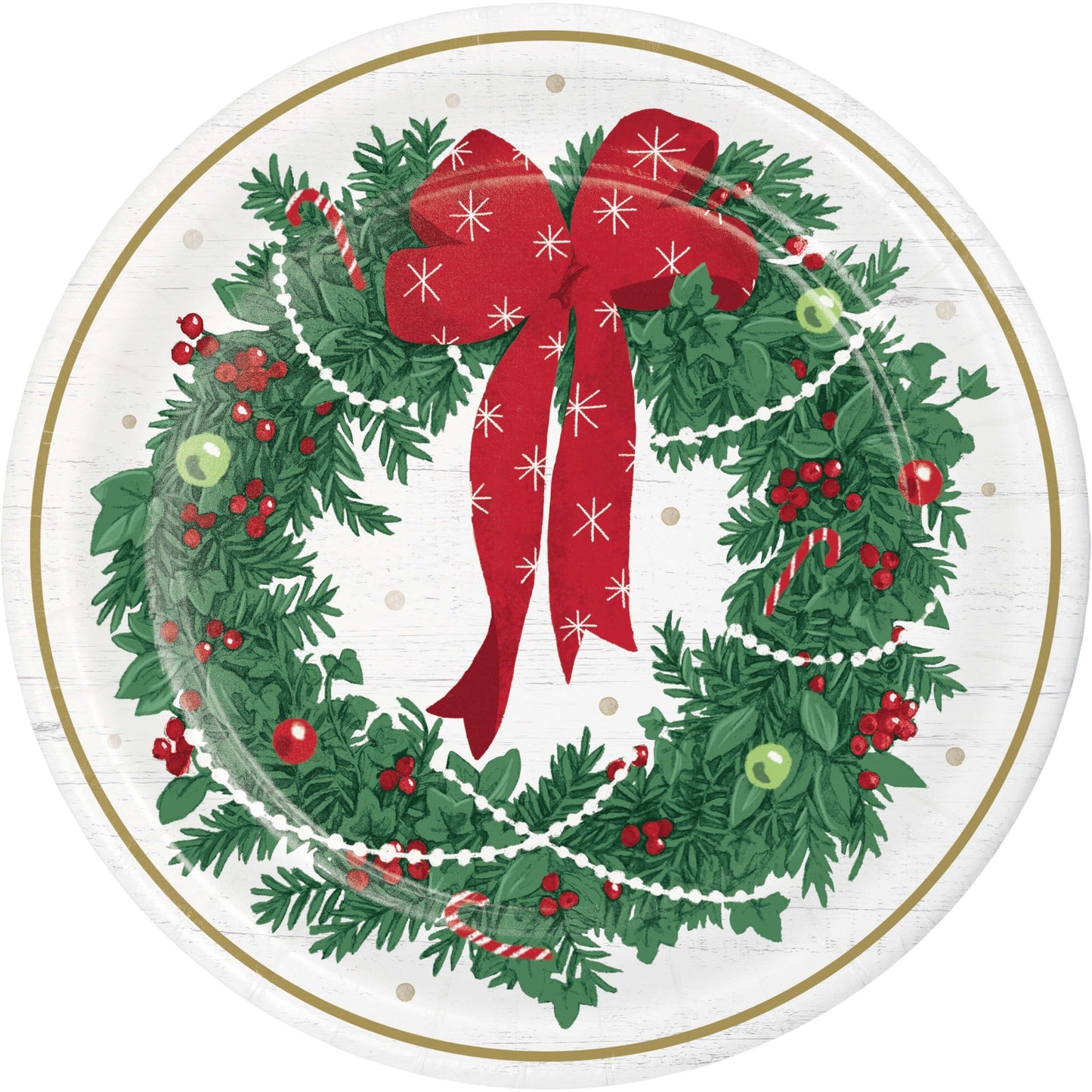 Christmas-themed paper plate with a wreath and red bow design.