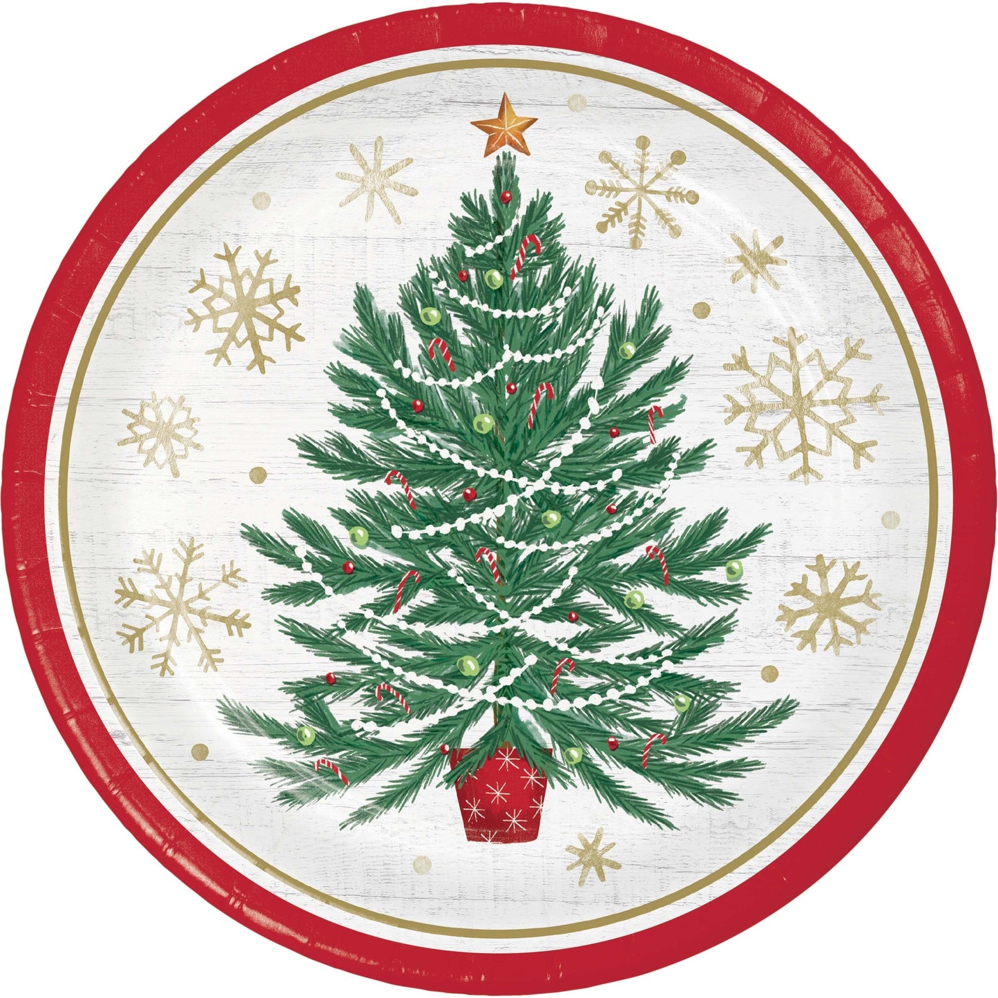 Round paper plate with a Christmas tree design and gold snowflakes with red rim on a white background
