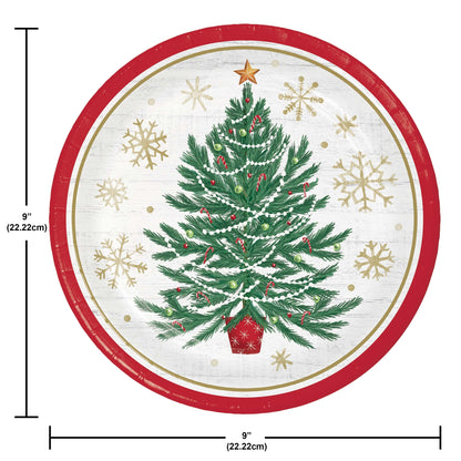 Round Christmas-themed paper plate with a tree design, snowflakes, and red border. Measurements shown.