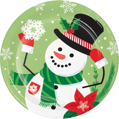 Christmas Cheer Dessert Paper Plates 96 ct. Christmas-themed paper plate with a snowman design on a green background
