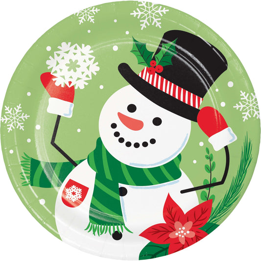 Christmas Cheer Dessert Paper Plates 96 ct. Christmas-themed paper plate with a snowman design on a green background