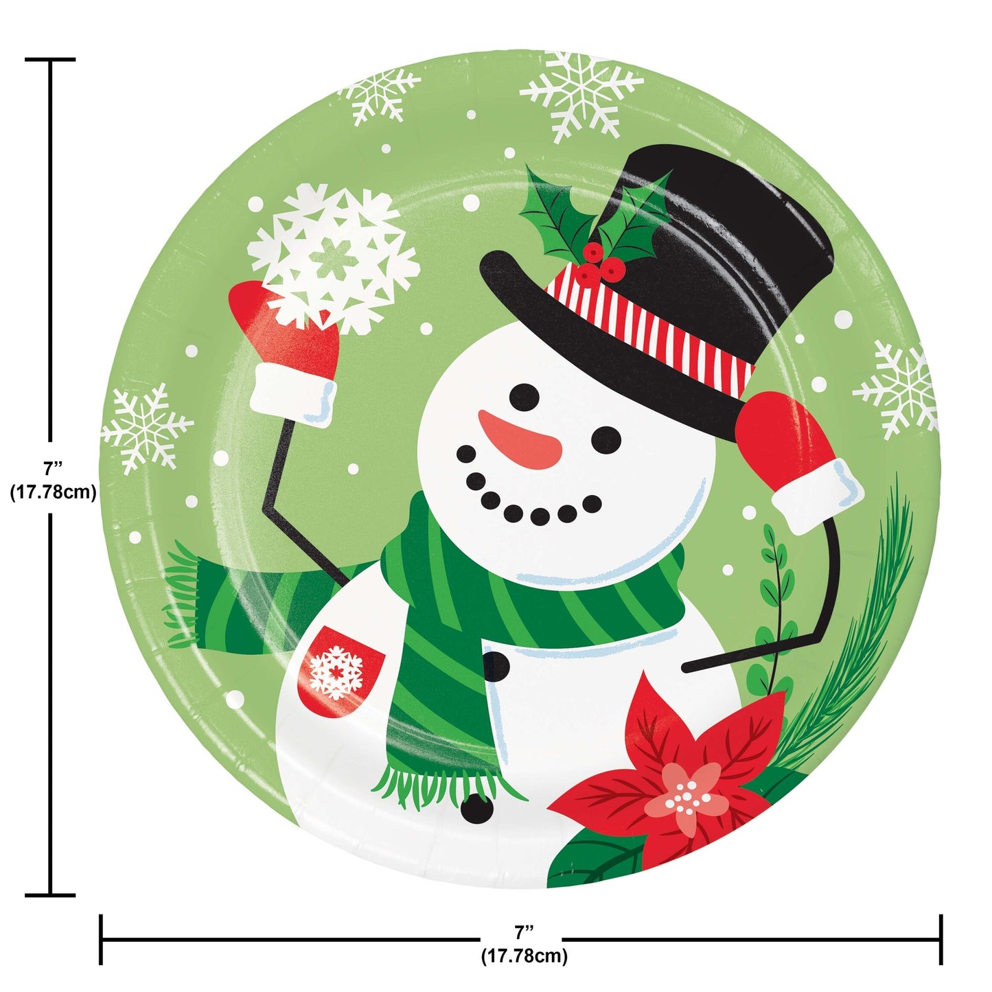 Round Christmas-themed plate with a snowman design, measurements indicated.
