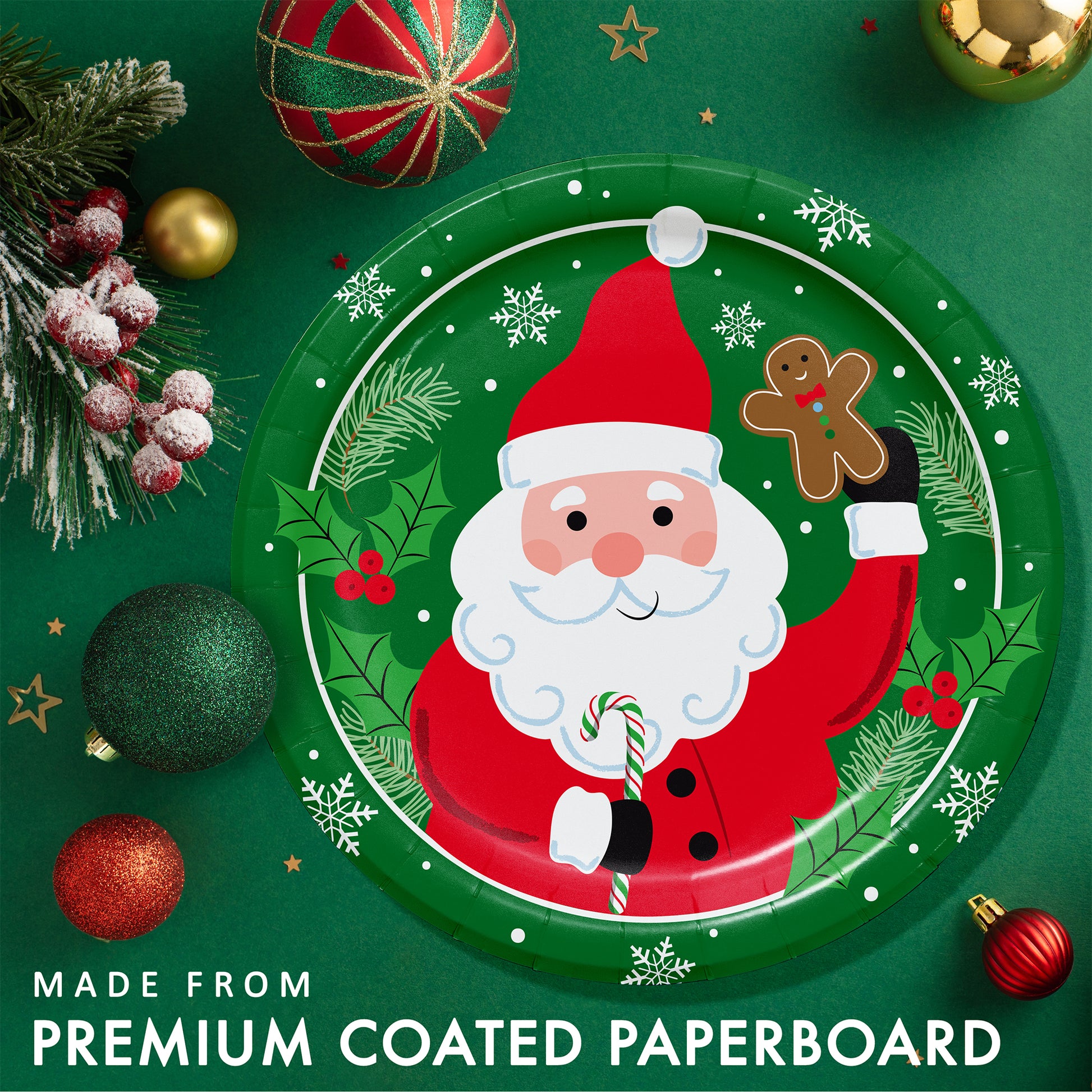 Christmas-themed paper plate with Santa Claus design on a green background with festive decorations and greenery