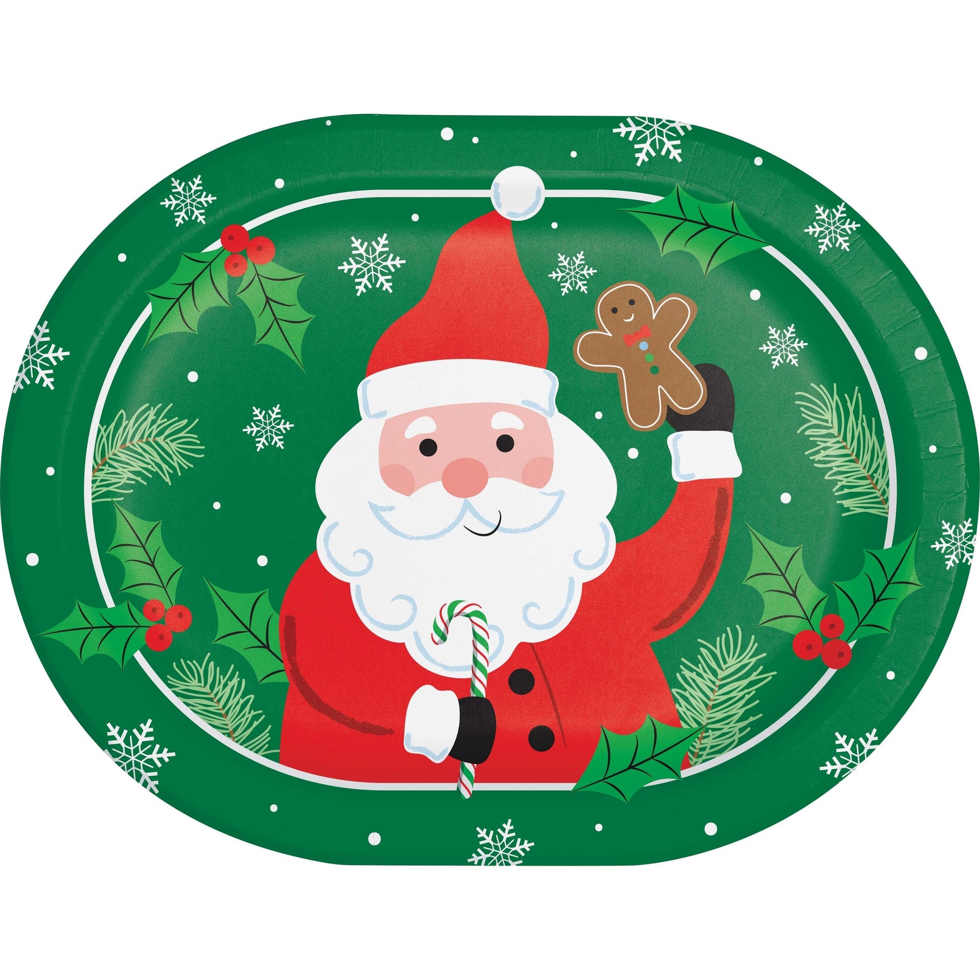 Christmas-themed plate with Santa Claus holding a candy cane and gingerbread man, surrounded by holly leaves and snowflakes on a green background.