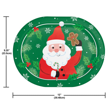 Christmas-themed plate with Santa Claus holding a candy cane and gingerbread man, surrounded by holly leaves and snowflakes on a green background. Dimensions shown.