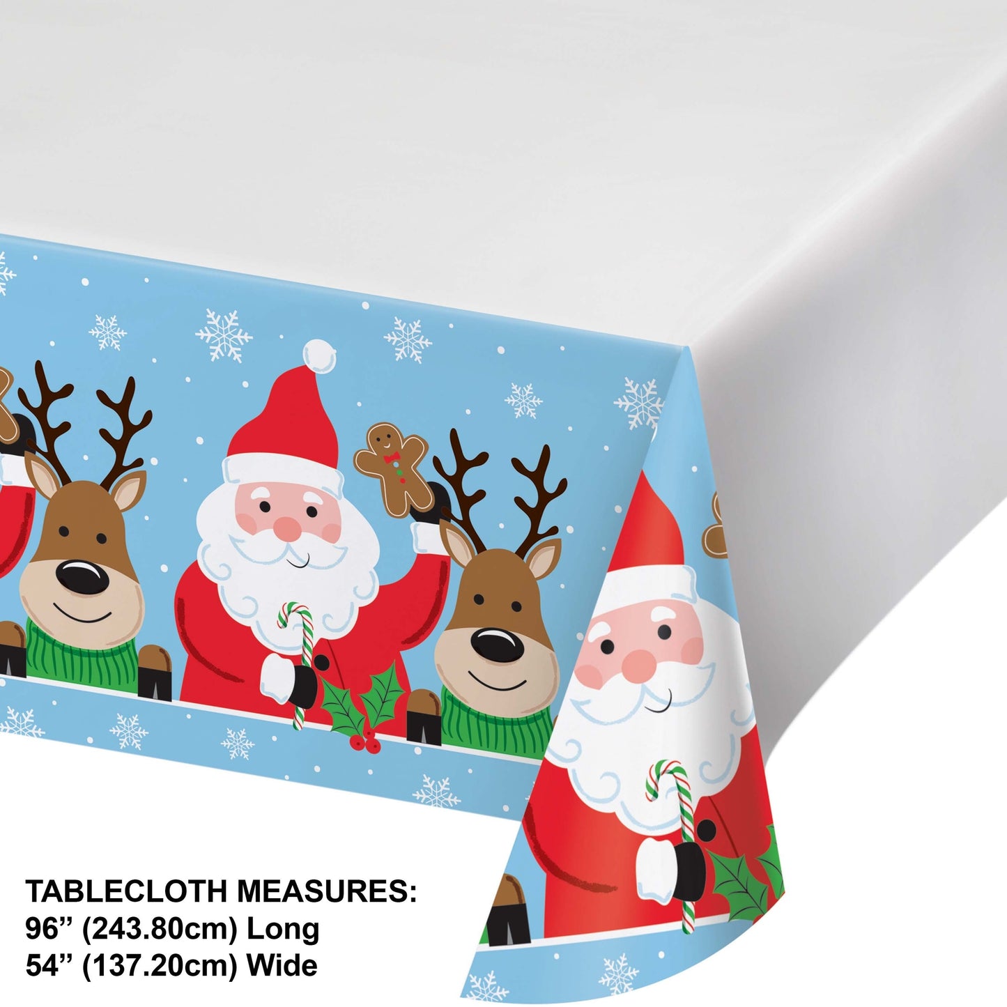 Christmas-themed paper tablecloth with Santa Claus, reindeer, gingerbread bookies and candy canes on a blue background. Dimensions included.