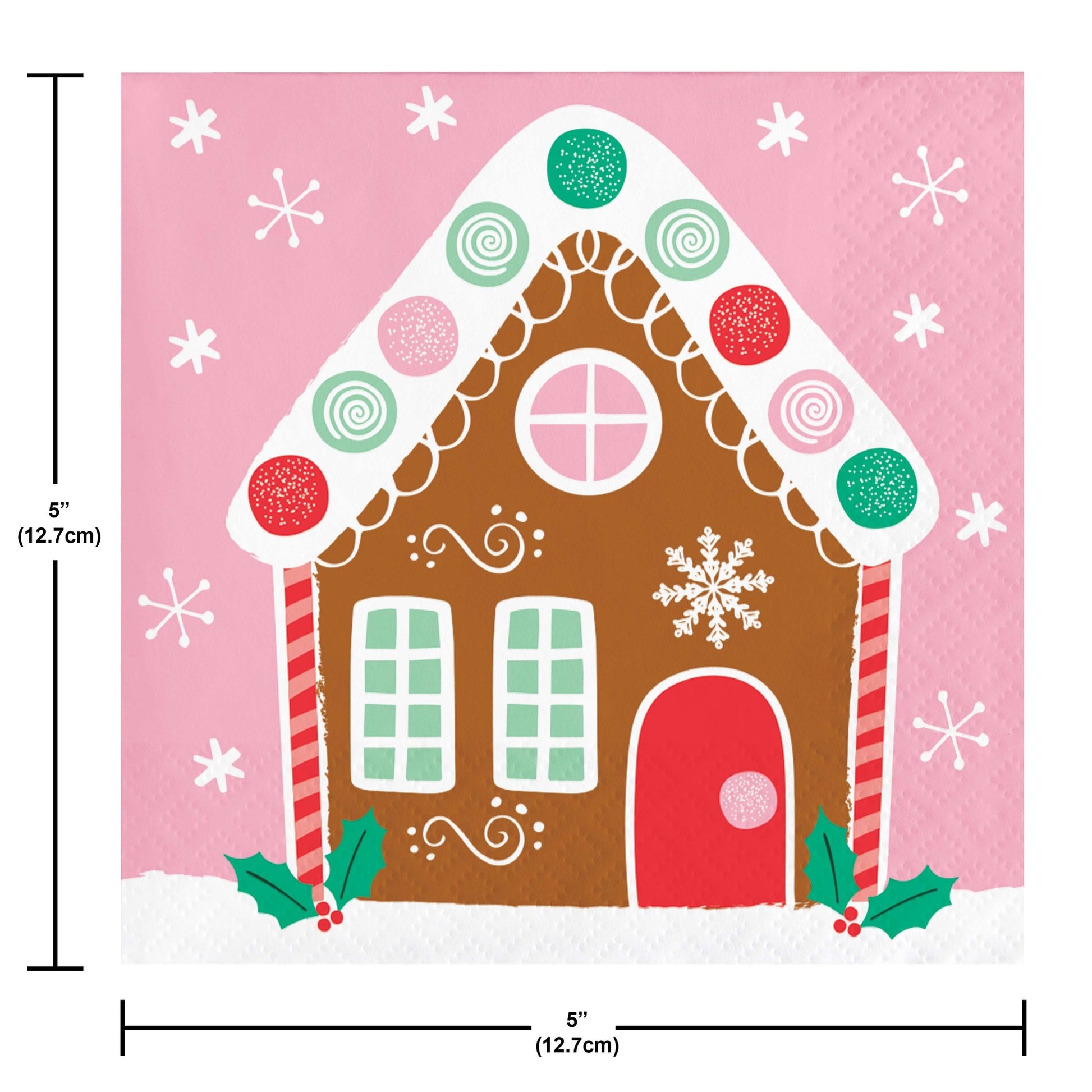 Paper napkin featuring a gingerbread house with a pink background and snowflakes. Measurements shown.