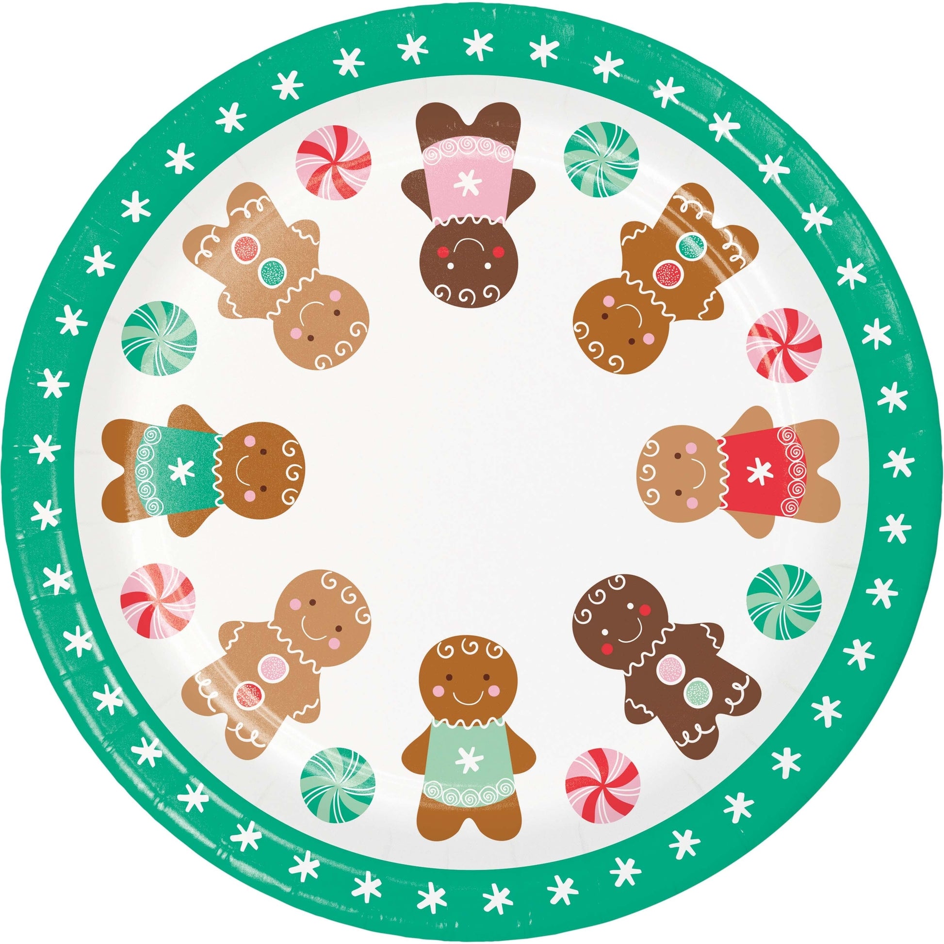 Round paper plate with gingerbread design and candy decorations with a teal rim on a white background
