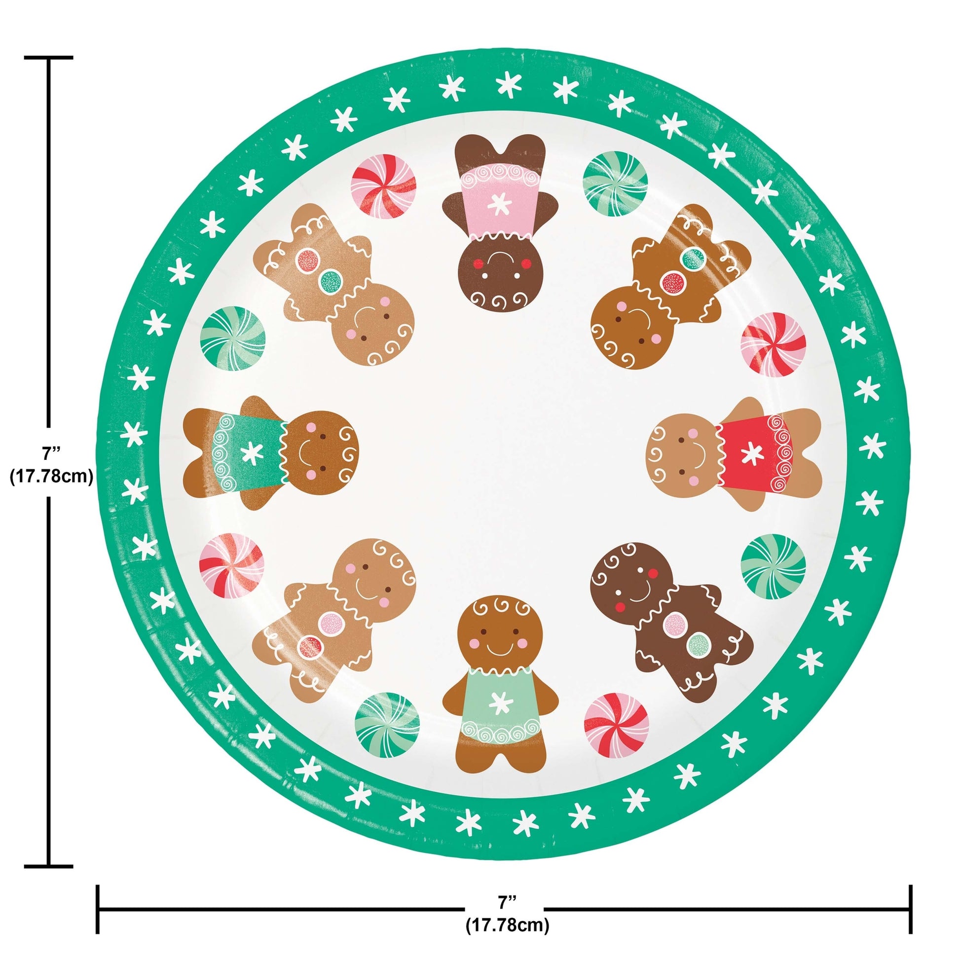Round paper plate with gingerbread design and candy decorations with a teal rim on a white background. Measurements shown.