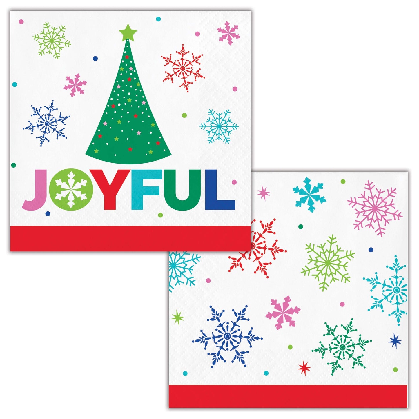 Joyful and Jolly Beverage Napkins 192 ct. Two Christmas-themed napkins with a green tree, colorful snowflakes, and the word 'JOYFUL'.