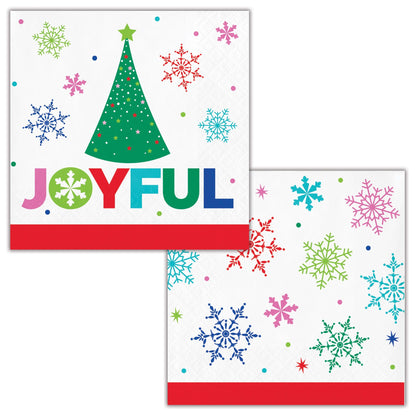 Joyful and Jolly Beverage Napkins 192 ct. Two Christmas-themed napkins with a green tree, colorful snowflakes, and the word 'JOYFUL'.