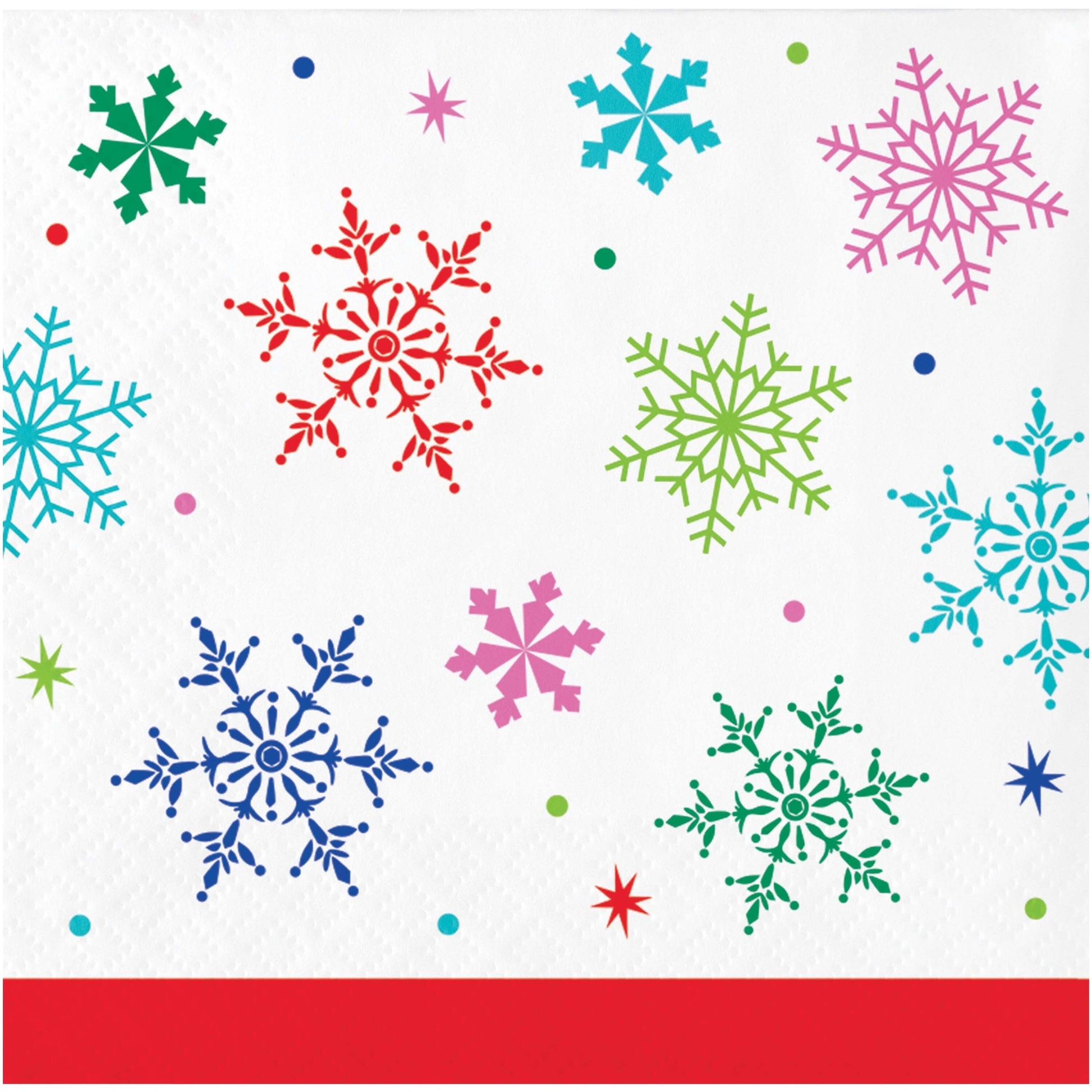 Joyful and Jolly Beverage Napkins 192 ct. Paper napkin with colorful snowflakes on a white background