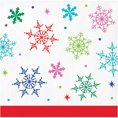Joyful and Jolly Beverage Napkins 192 ct. Paper napkin with colorful snowflakes on a white background