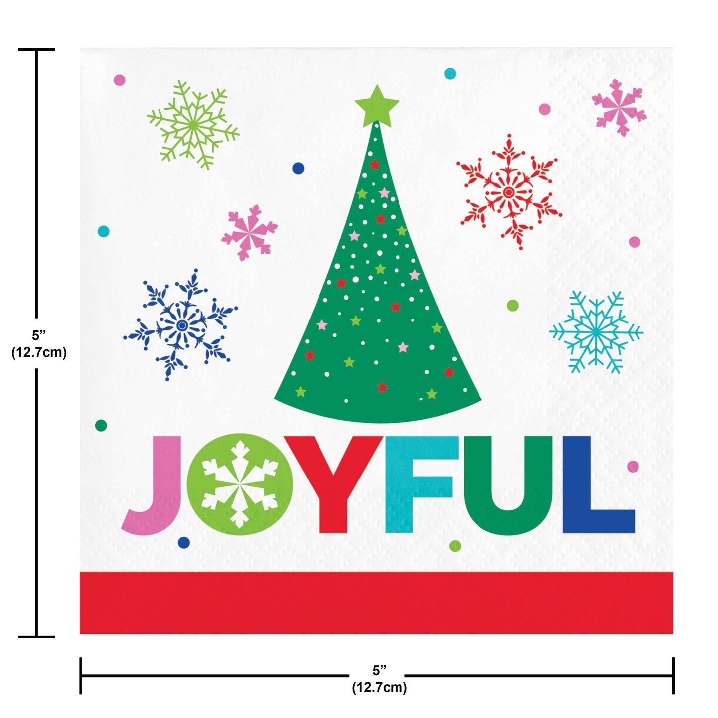 Joyful and Jolly Beverage Napkins 192 ct. Two Christmas-themed napkins with a green tree, colorful snowflakes, and the word 'JOYFUL'.