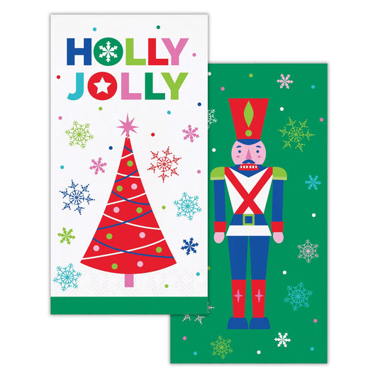 Joyful and Jolly Dinner Napkins 192 ct. Two Christmas-themed paper napkins featuring a nutcracker and a Christmas tree on a white background.