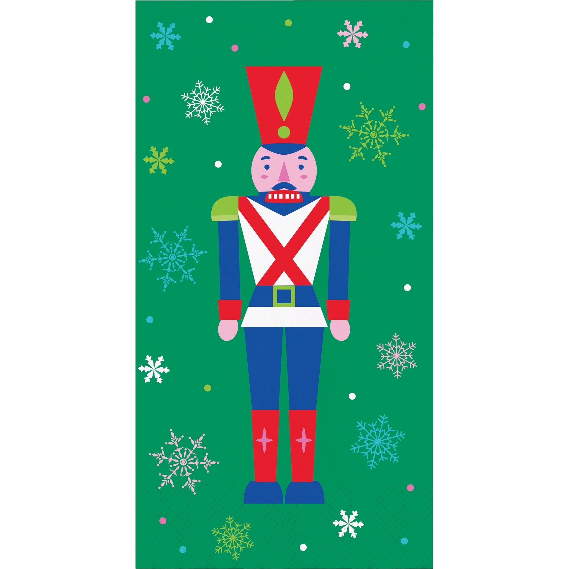 Joyful and Jolly Dinner Napkins 192 ct. 
Colorful nutcracker designed paper napkin on a green background with snowflakes