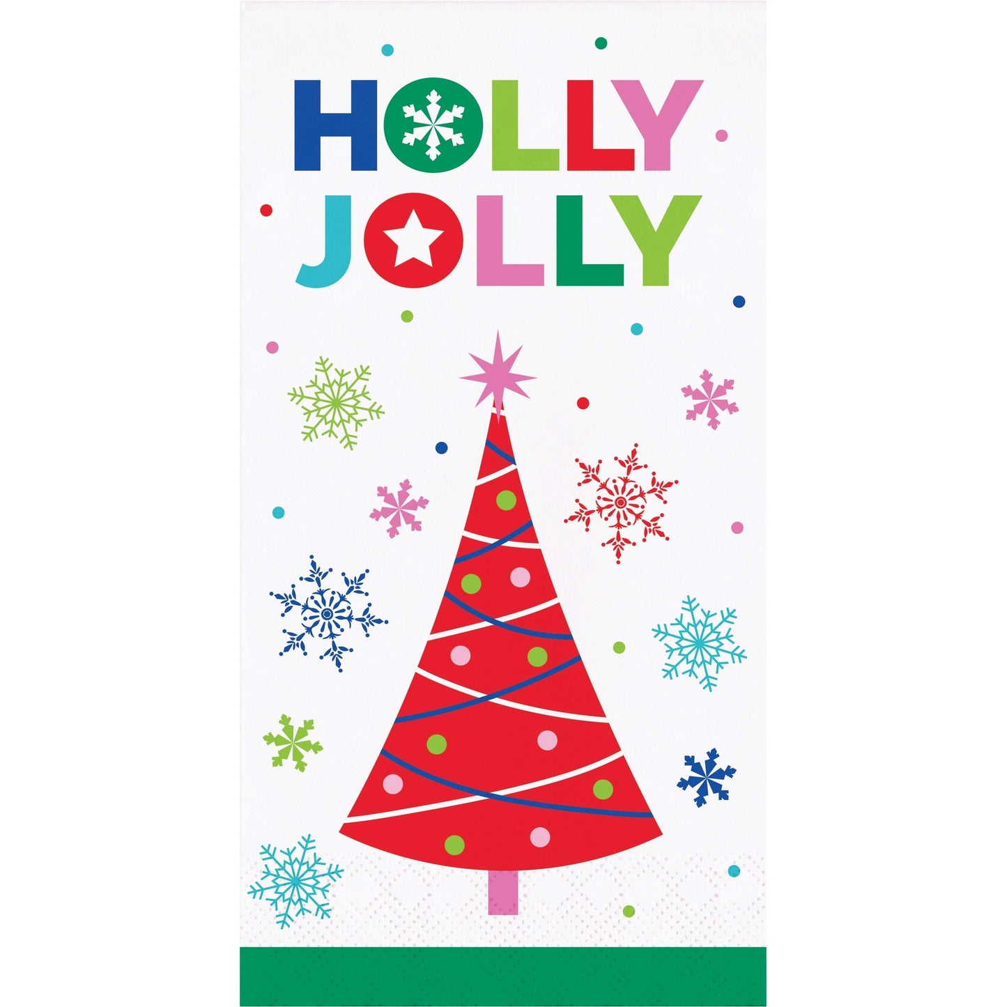 Joyful and Jolly Dinner Napkins 192 ct. 
Colorful Christmas-themed paper napkin with 'Holly Jolly' text and a red tree on a white background.