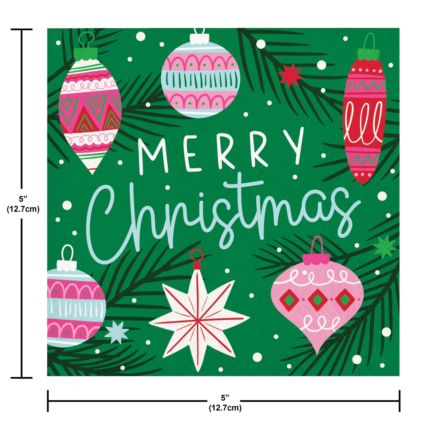 Holiday Frills Merry Christmas Beverage Napkins 192 ct. Christmas-themed paper napkins with ornaments and 'Merry Christmas' text on a green background, with measurements indicated.