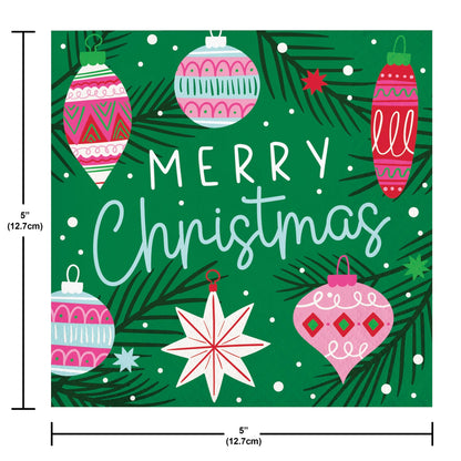 Holiday Frills Merry Christmas Beverage Napkins 192 ct. Christmas-themed paper napkins with ornaments and 'Merry Christmas' text on a green background, with measurements indicated.