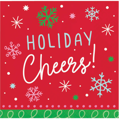 Holiday Frills Holiday Cheers Beverage Napkins 192 ct. Red paper napkin with 'Holiday Cheers!' text and snowflake designs on a red background
