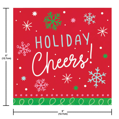 Holiday Frills Holiday Cheers Beverage Napkins 192 ct. Red paper napkin with 'Holiday Cheers!' text and colorful snowflakes on a white background
