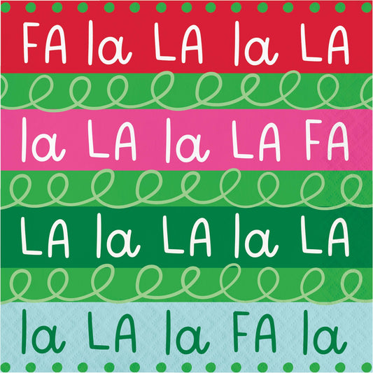 Holiday Frills Luncheon Napkins 192 ct. Colorful pattern with text 'FA la LA la LA' and decorative elements on a red, green, pink, and blue background.