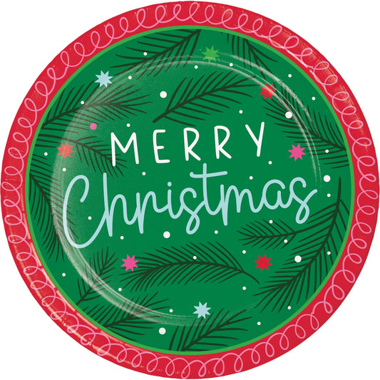 Holiday Frills Merry Christmas Dessert Paper Plates 96 ct. Christmas-themed paper plate with 'Merry Christmas' text and festive design.