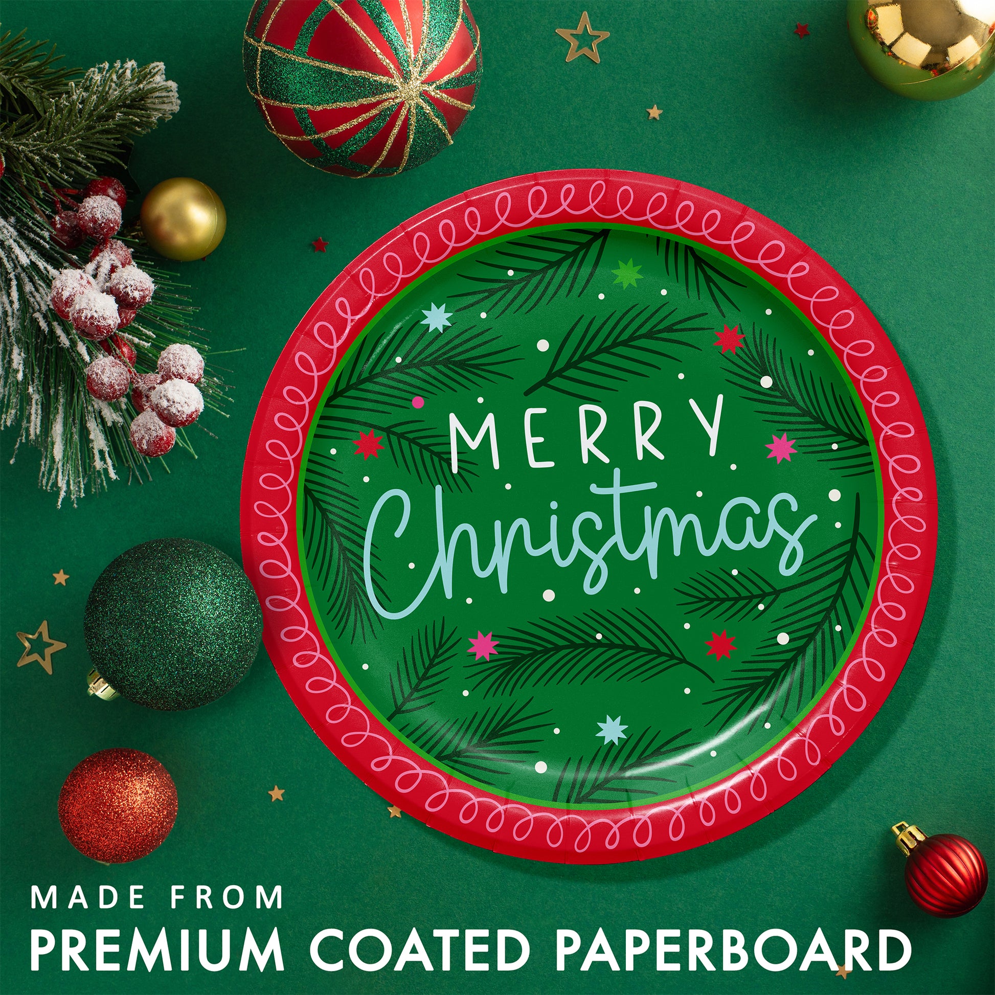 Holiday Frills Merry Christmas Dessert Paper Plates 96 ct. Green Christmas-themed paper plate with 'Merry Christmas' text, surrounded by festive decorations on a green background.
