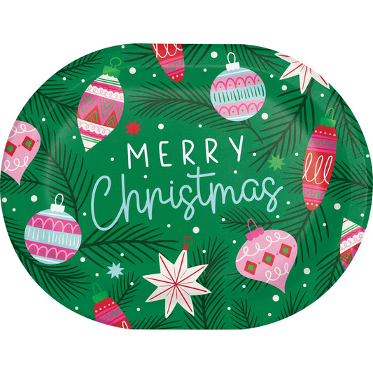 Holiday Frills Oval Dinner Paper Plates 96 ct. Decorative paper plate with Christmas ornaments and 'Merry Christmas' text on a green background