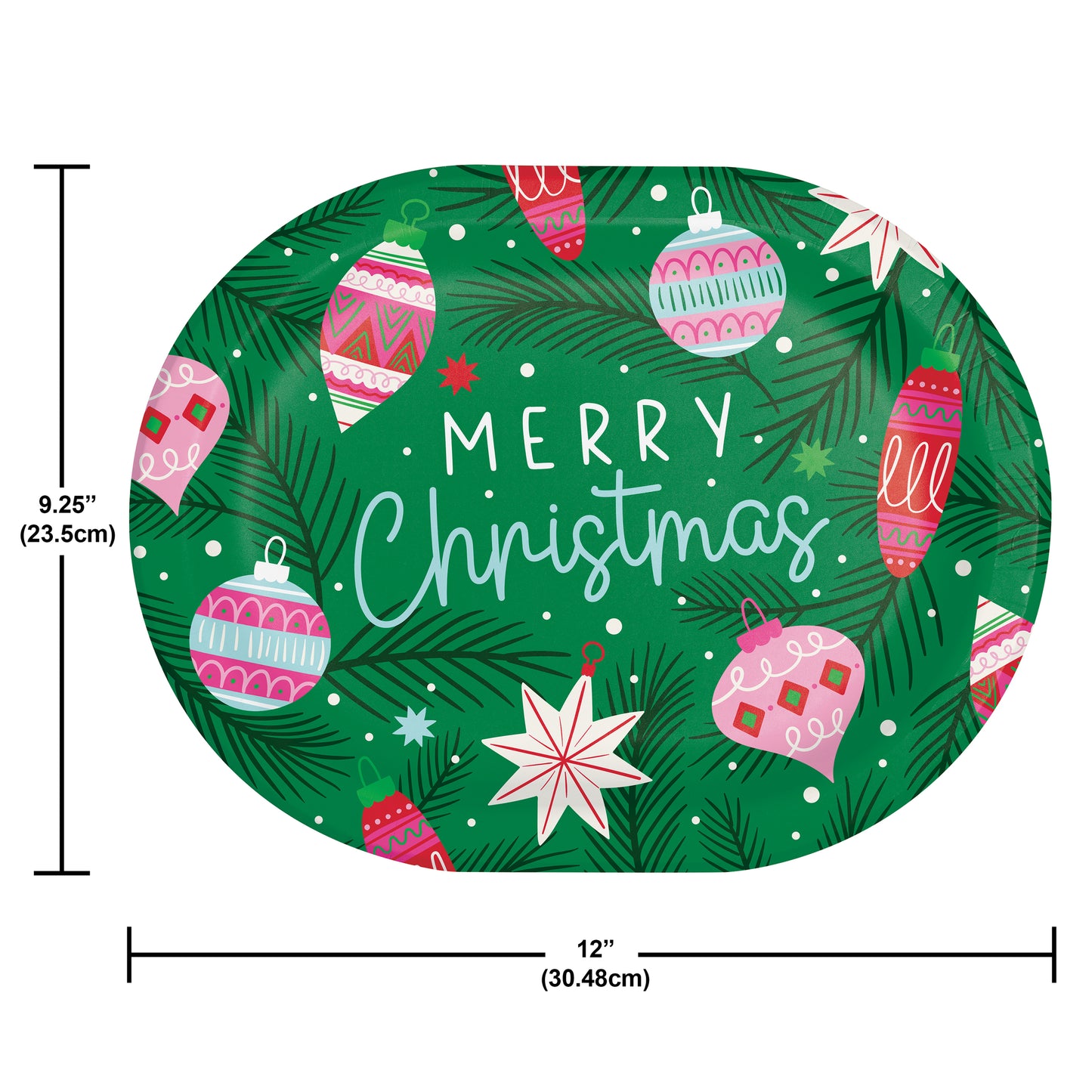 Holiday Frills Oval Dinner Paper Plates 96 ct. Decorative paper plate with Christmas ornaments and 'Merry Christmas' text on a green background, shown with dimensions.