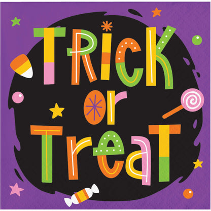 Glowing Ghouls Beverage Napkins 192 ct. Colorful 'Trick or Treat' text on a black circle with Halloween-themed decorations against a purple background.
