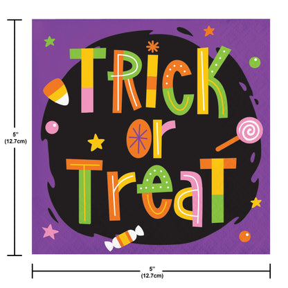 Glowing Ghouls Beverage Napkins 192 ct. Colorful 'Trick or Treat' text on a black circle with candy-themed decorations against a purple background, with measurements indicated.