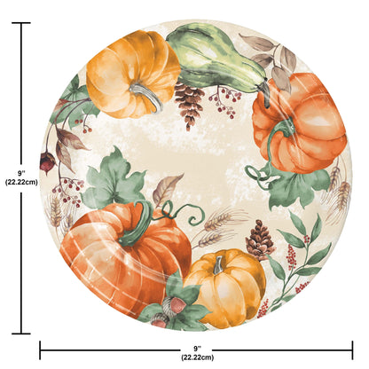 Harvest Delight Dinner Paper Plates 96 ct. Round plate with pumpkins and autumn leaves design, size indicated.