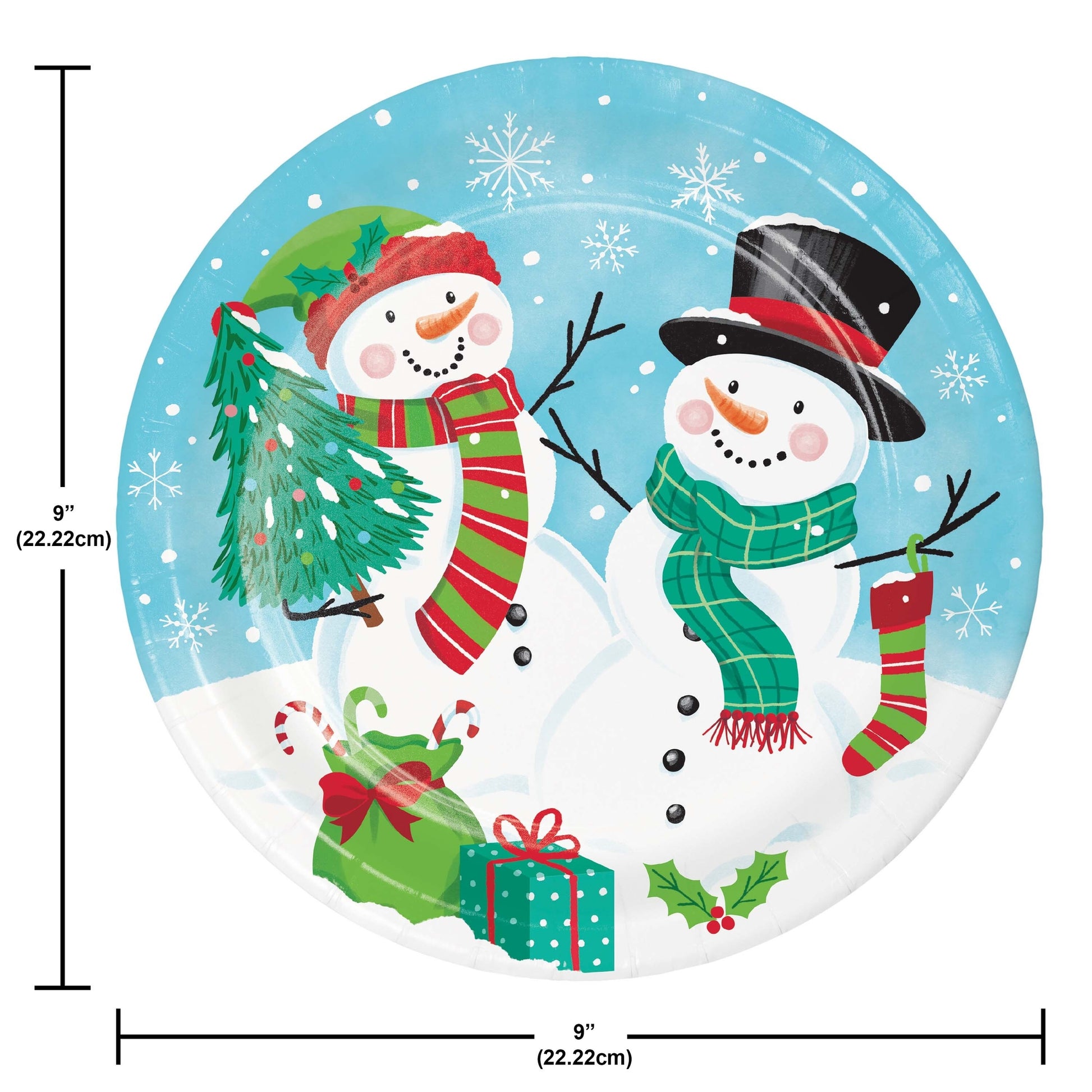 Frosty Friends Dinner Paper Plates 96 ct. Paper plate with 2 snowmen surrounded by Christmas presents and snowflakes. Measurements shown.