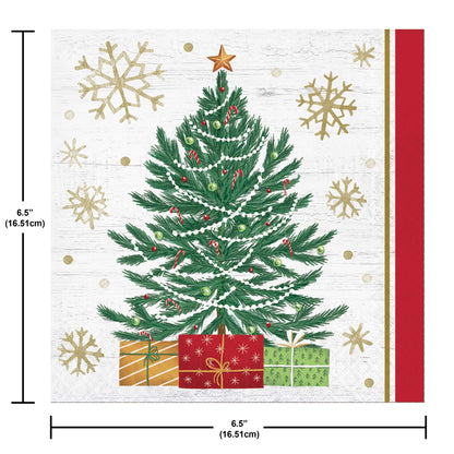 Decorative Christmas paper napkin with a green Christmas tree, presents, and gold snowflakes on a white background. Measurements shown.