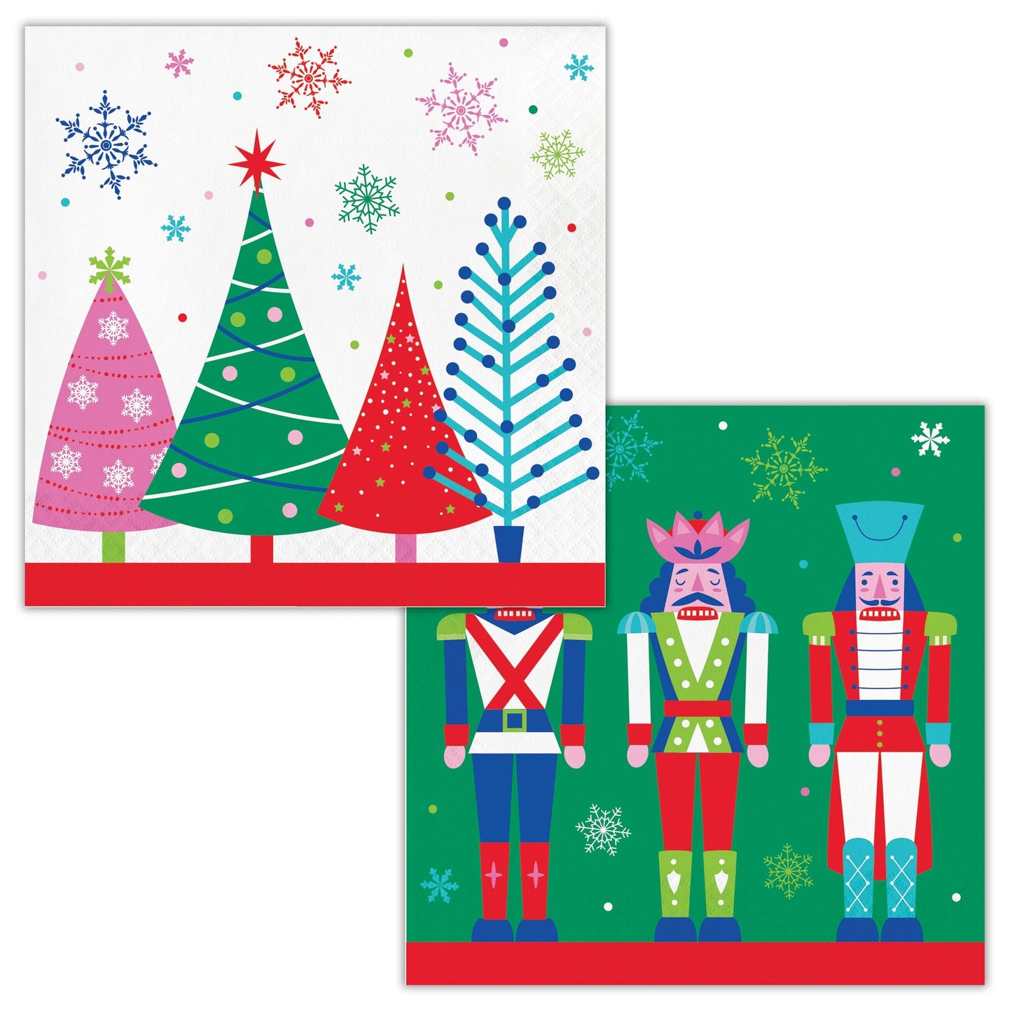Joyful and Jolly Luncheon Napkins 192 ct. Set of Christmas-themed paper napkins with trees and nutcrackers on a white background