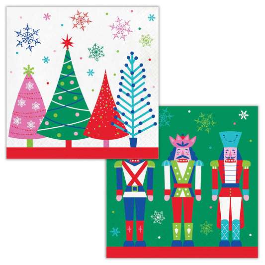 Joyful and Jolly Luncheon Napkins 192 ct. Set of Christmas-themed paper napkins with trees and nutcrackers on a white background