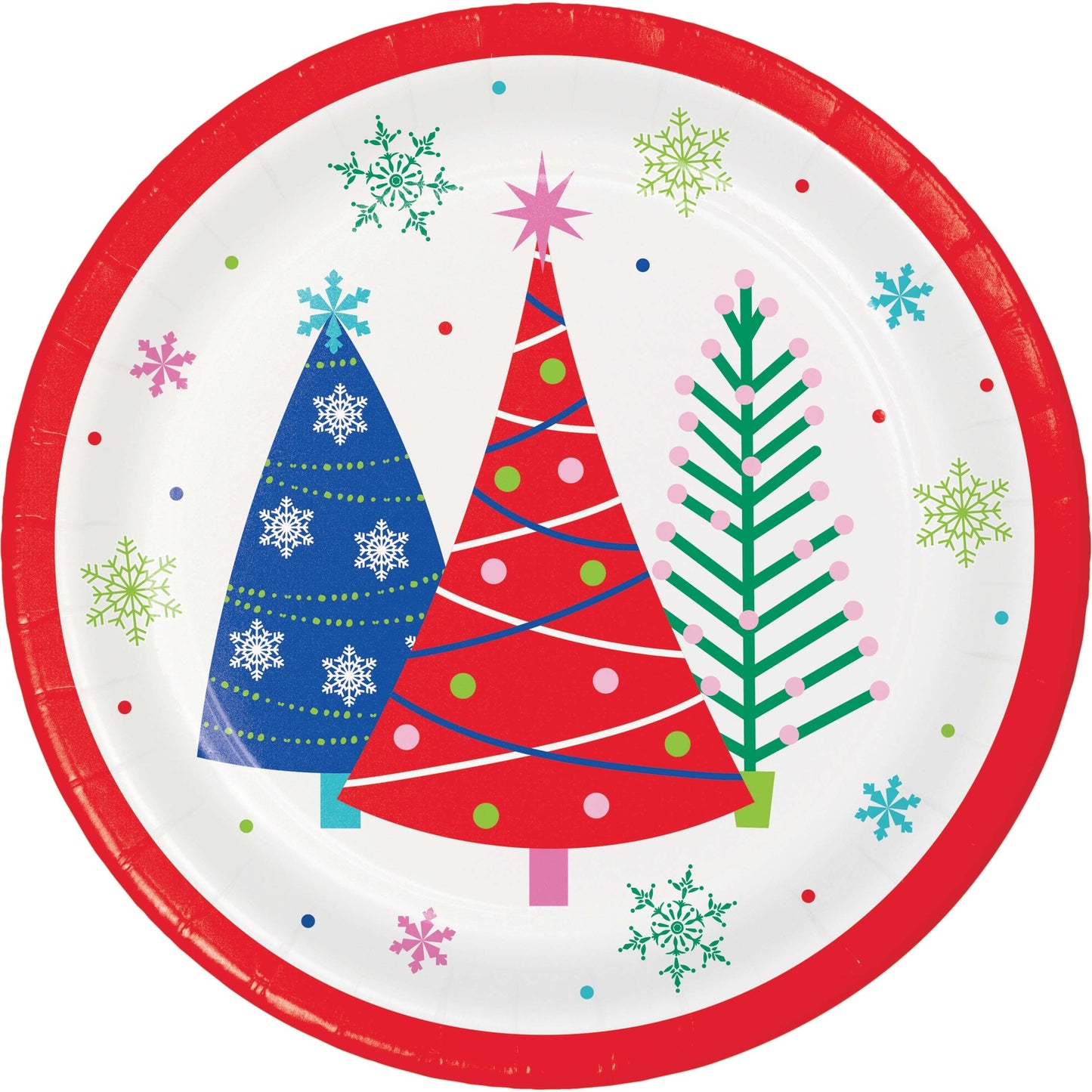 Joyful and Jolly Dessert Paper Plates 96 ct. Round paper plate with Christmas tree design on a white background