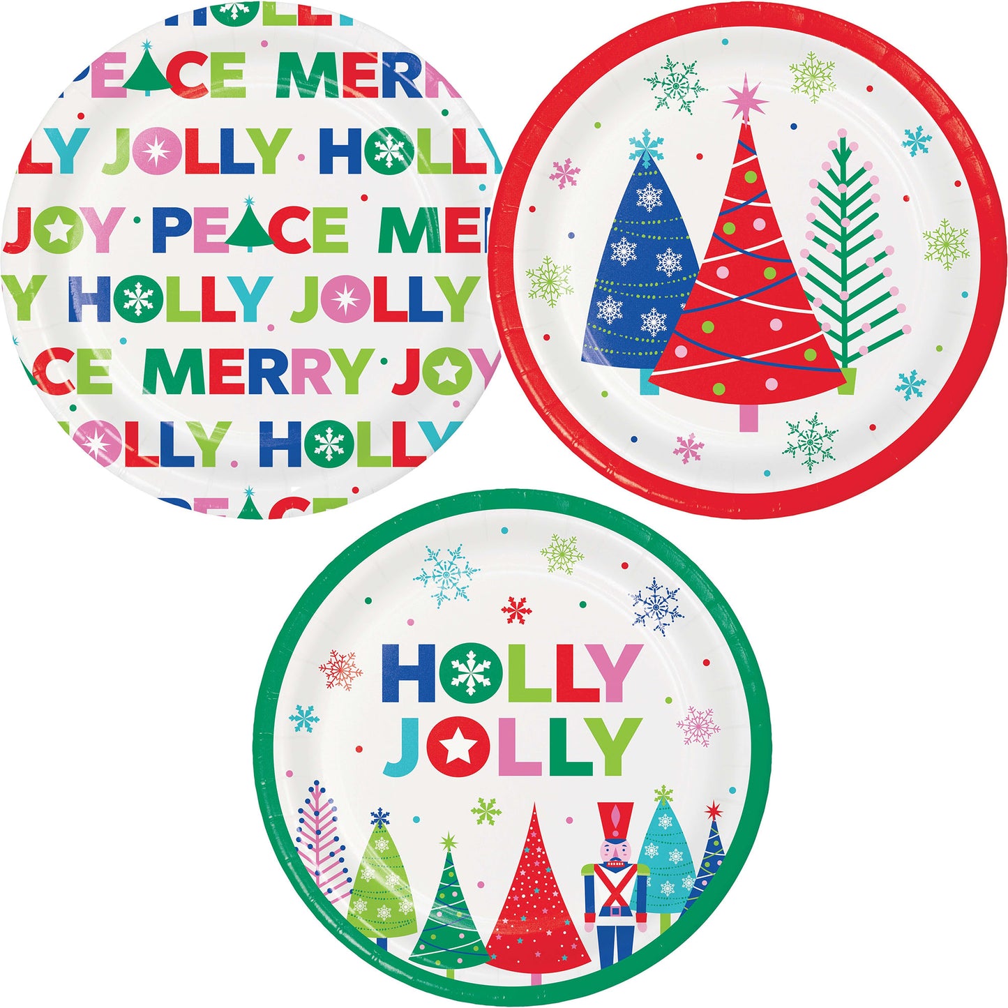 Joyful and Jolly Dessert Paper Plates 96 ct. Three festive Christmas-themed paper plates with colorful text and designs.