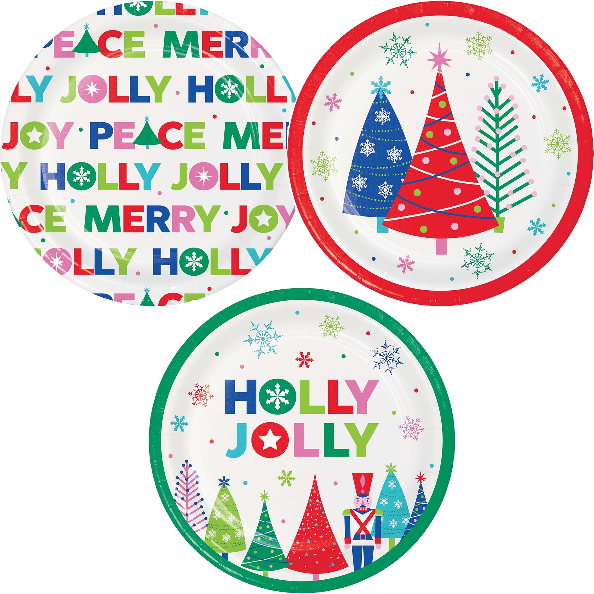 Joyful and Jolly Dessert Paper Plates 96 ct. Three festive Christmas-themed paper plates with colorful text and designs.