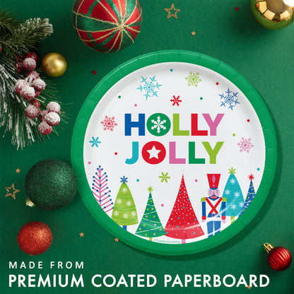 Joyful and Jolly Dessert Paper Plates 96 ct. Christmas-themed paper plate with 'Holly Jolly' text and festive designs on a green background with Christmas decorations.