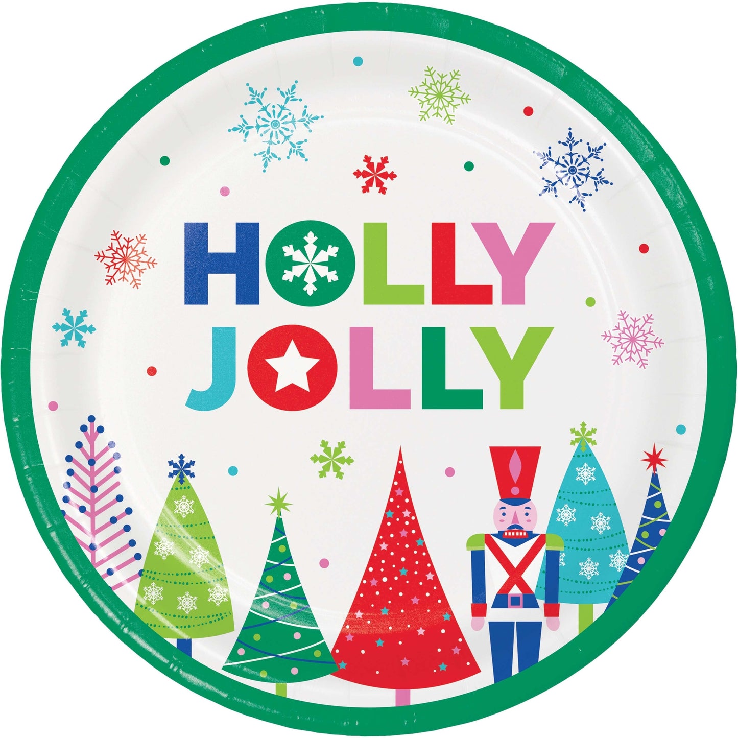 Joyful and Jolly Dessert Paper Plates 96 ct. Round plate with 'Holly Jolly' text and Christmas-themed graphics on a white background