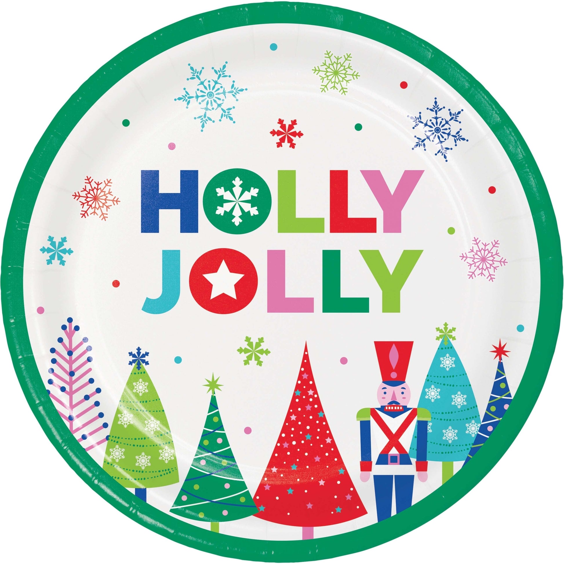 Joyful and Jolly Dessert Paper Plates 96 ct. Round plate with 'Holly Jolly' text and Christmas-themed graphics on a white background